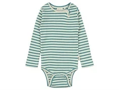 Stribet langærmet body fra Petit Piao i farverne mørk råhvid med turkis PP301 turquoise dark off white